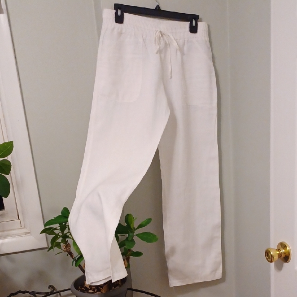 Allen Allen Sz S, Pure White Linen, Wide Leg Pants With Drawstring .